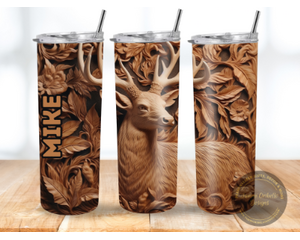 Rustic deer tumbler with tooled leather look. 20 oz insulated stainless steel. Customizable gift for hunters.